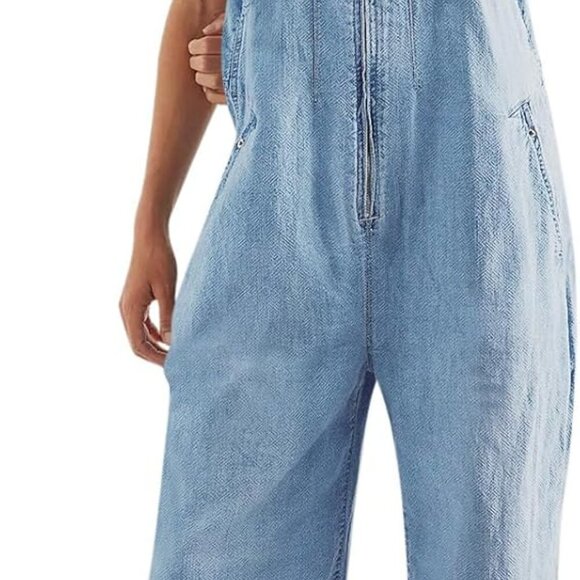 Womens Casual Denim Bib Overalls Wide Leg Sleeveless Zipper Loose Jean Pants Jum